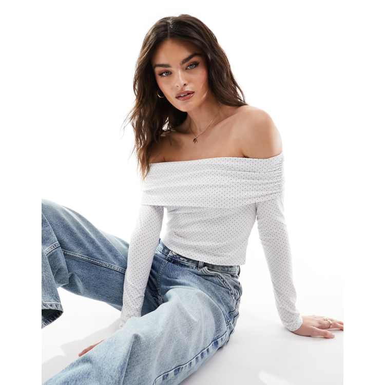 White ruched cheap bardot top