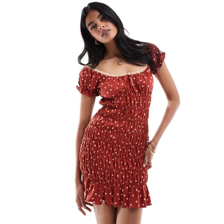 asos red polka dot dress ASOS DESIGN polka dot shirred mini tea dress with tie front in red