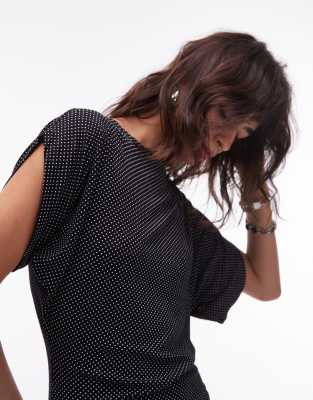 ASOS DESIGN polka dot slash neck batwing top in black