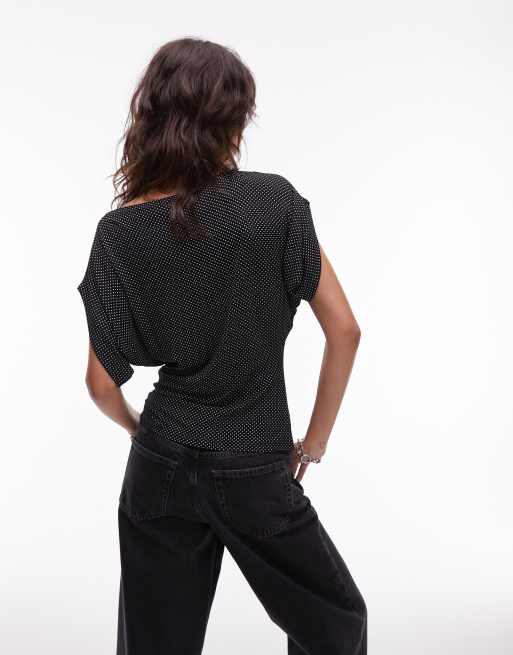 ASOS DESIGN polka dot slash neck batwing top in black
