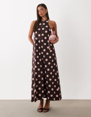 Asos Design Polka Dot Trapeze Midaxi Dress In Brown
