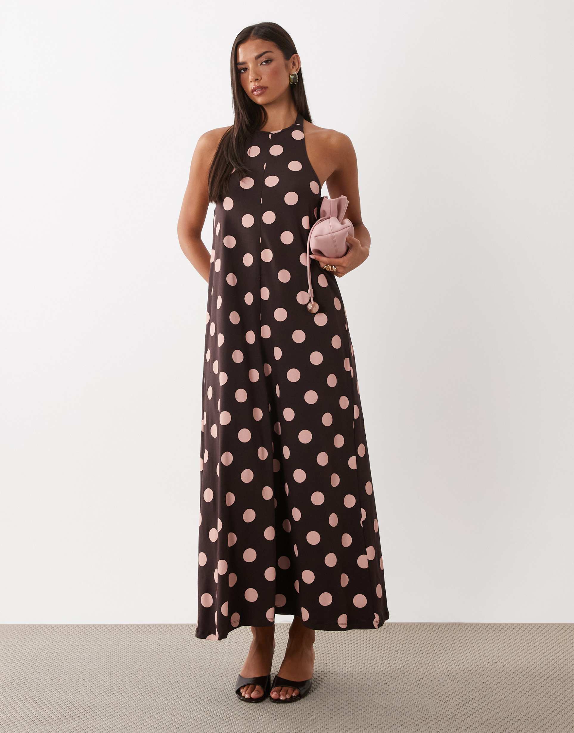 asos design polka dot trapeze midaxi dress in brown and pink