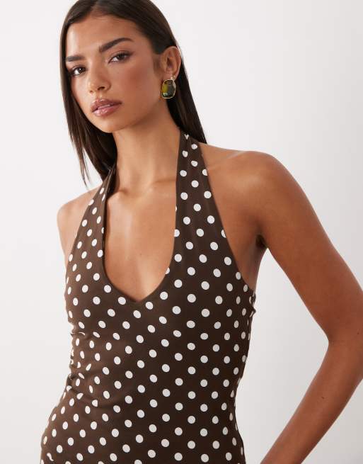 ASOS DESIGN polkadot co-ord haltertop in choc, 3 van 4