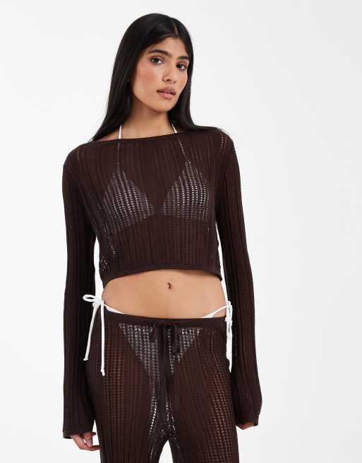 ASOS DESIGN – Polly – Chokladbrunt, pointellestickat set med topp med gallerdesign baktill och stickade strandbyxor, 2 av 5
