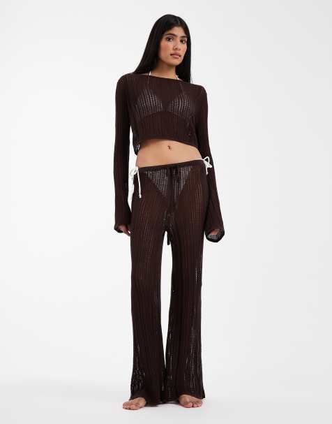 ASOS DESIGN - Polly - Co-ord set van ajourgebreide top met kruisbandjes en gebreide strandbroek in chocoladebruin - view 1