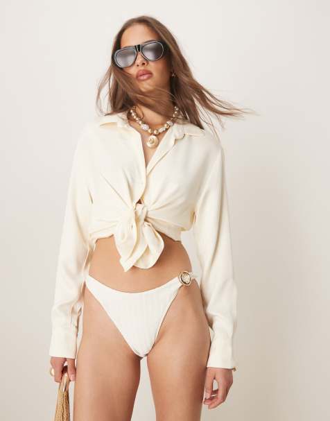 ASOS DESIGN – Polly – Geraffte Bikinihose in Creme mit hohem Beinausschnitt und Ringdetail - view 1