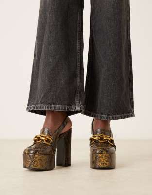 ASOS DESIGN - Polly - Loafer in Dunkelgrün mit Schlangenmuster, Plateausohle und hohem Absatz