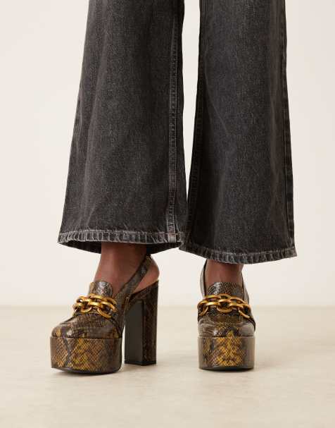 ASOS DESIGN – Polly – Loafer in Dunkelgrün mit Schlangenmuster, Plateausohle und hohem Absatz - view 1
