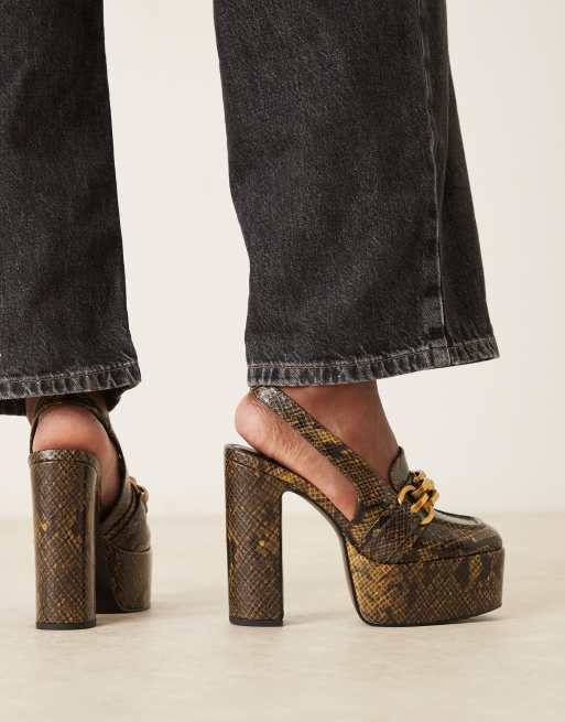 ASOS DESIGN Polly platform high heel loafers in dark green snake