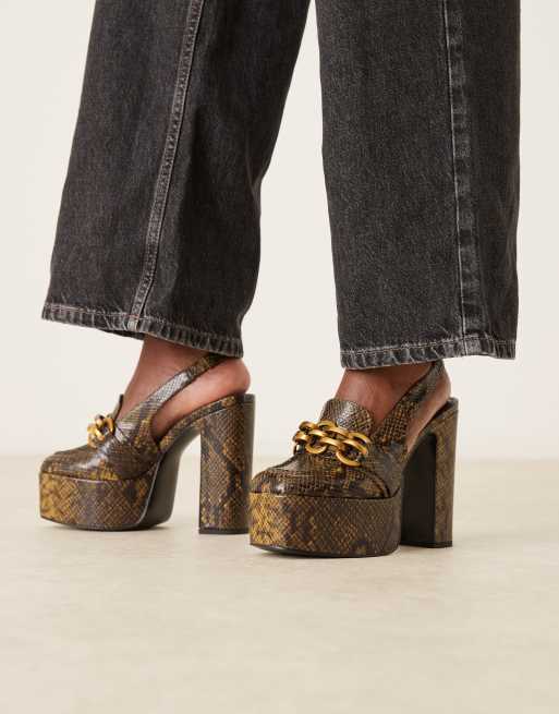ASOS DESIGN Polly platform high heel loafers in dark green snake