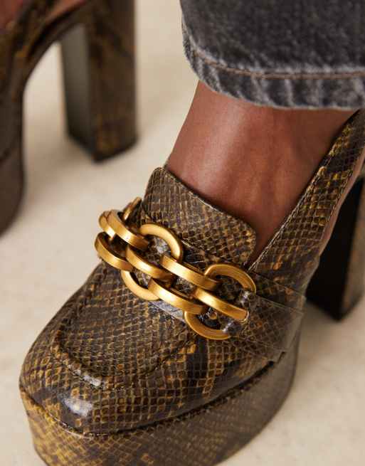 ASOS DESIGN Polly platform high heel loafers in dark green snake