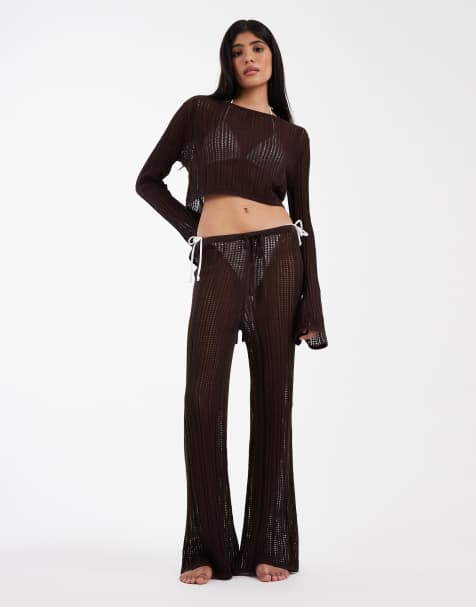 ASOS DESIGN Polly pointelle knit beach pants in chocolate - view 1