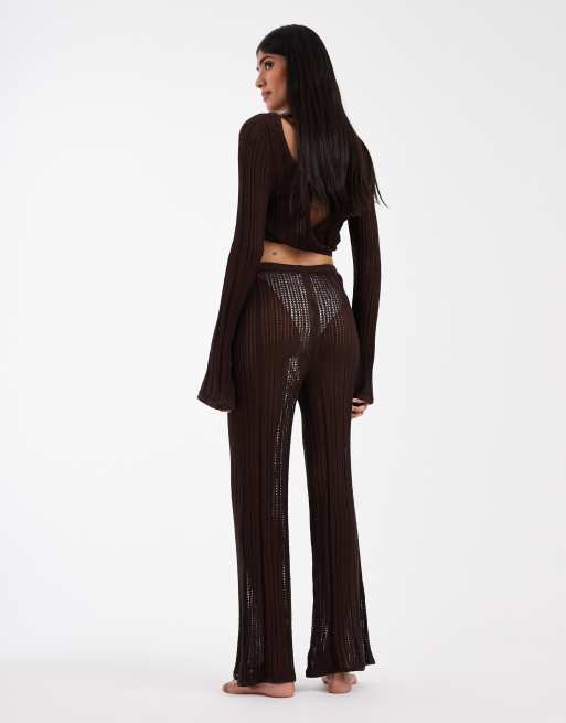 ASOS DESIGN Polly pointelle knit beach pants in chocolate, 2 of 5