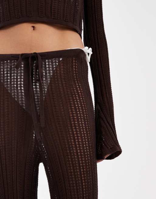 ASOS DESIGN Polly pointelle knit beach pants in chocolate, 3 of 5
