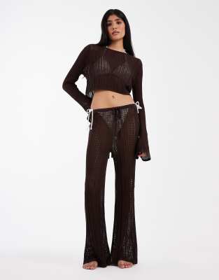 ASOS DESIGN Polly pointelle knitted beach trouser in chocolate