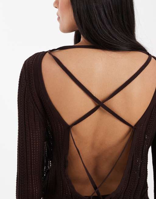 ASOS DESIGN Polly pointelle lattice back top in chocolate, 2 of 4