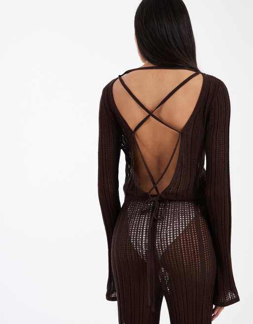 ASOS DESIGN Polly pointelle lattice back top in chocolate, 4 of 4
