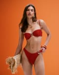 [ASOS DESIGN] ASOS DESIGN Polly shirred high leg bikini bottom with ring detail in red-Pink 10 Red