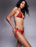 [ASOS DESIGN] ASOS DESIGN Polly shirred tie side bikini bottoms with ring detail in red-Pink 8 Red