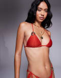 [ASOS DESIGN] ASOS DESIGN Polly shirred triangle bikini top with ring detail in red-Pink 16 Red