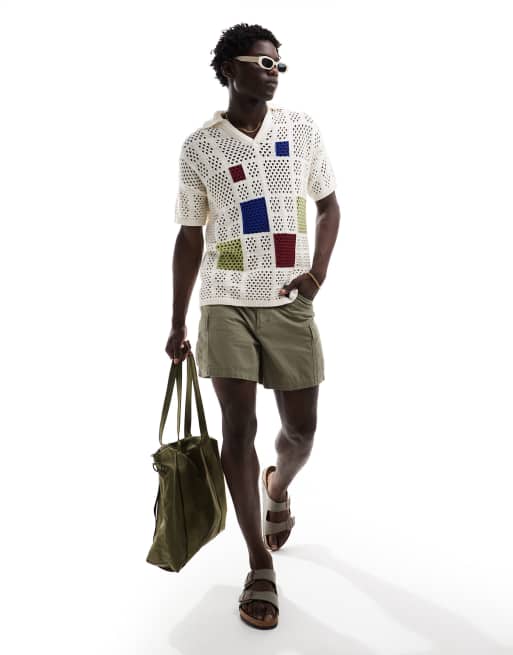 ASOS DESIGN - Polo à col cranté effet color block en maille au crochet - Écru