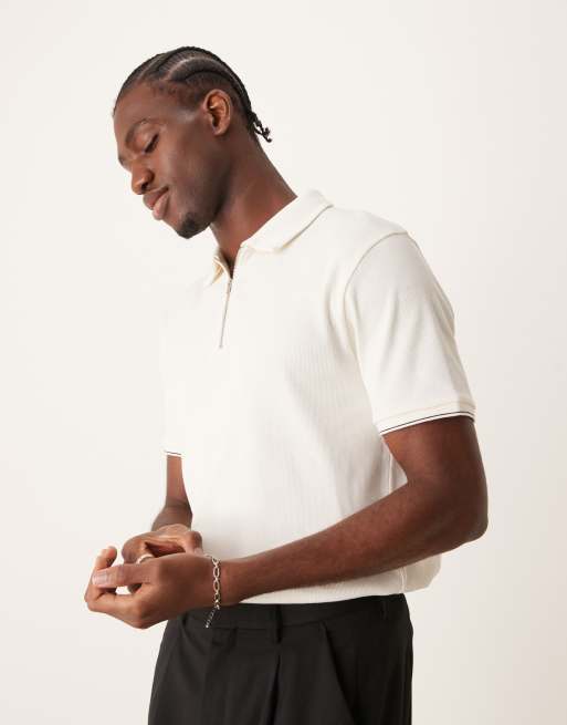 ASOS DESIGN - Polo à col zippé - Crème