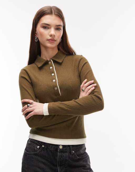 ASOS DESIGN - Polo a doppio strato color kaki e crema con colletto e bottoni sul davanti, 2 di 4