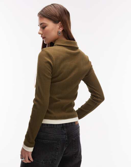 ASOS DESIGN - Polo a doppio strato color kaki e crema con colletto e bottoni sul davanti, 3 di 4