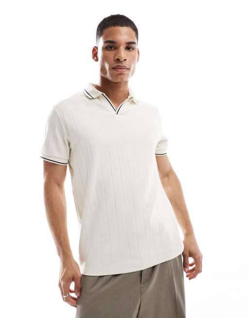 ASOS DESIGN - Polo à larges côtes et à col V - Crème