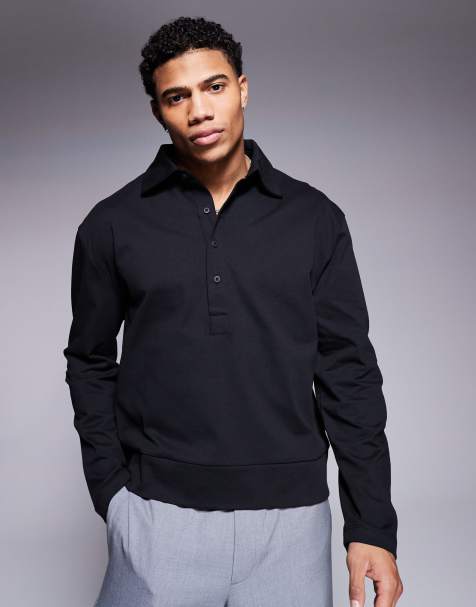 ASOS DESIGN - Polo à manches longues coupe carrée décontractée en tissu épais 240 g/m² - Noir - view 1