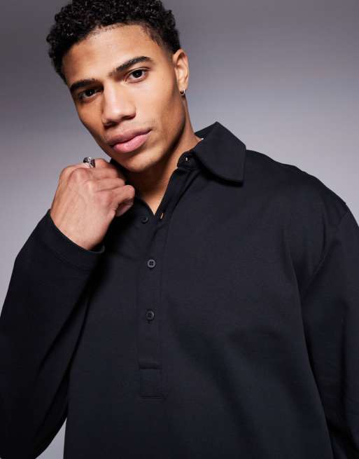 ASOS DESIGN - Polo à manches longues coupe carrée décontractée en tissu épais - Noir , 4 de 4