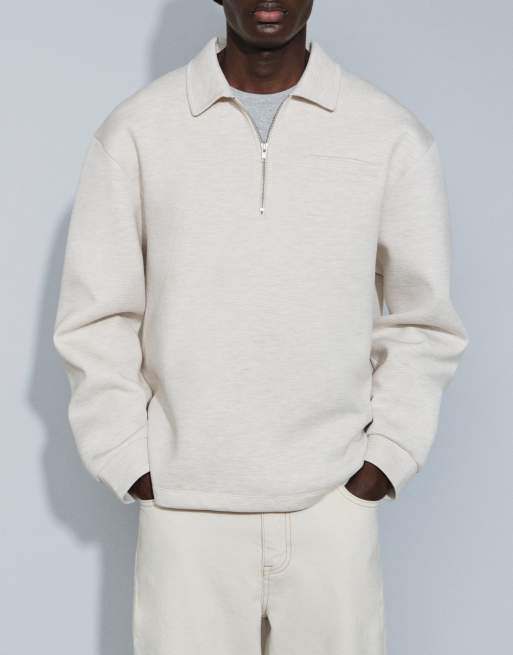 ASOS DESIGN polo à manches longues coupe décontractée à quart de zip en tissu style scuba crème, 2 de 9