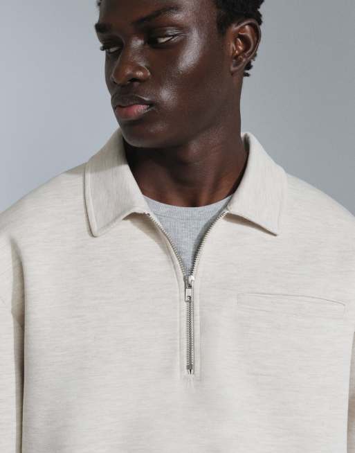 ASOS DESIGN polo à manches longues coupe décontractée à quart de zip en tissu style scuba crème, 5 de 9