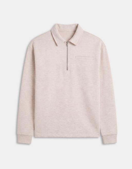 ASOS DESIGN polo à manches longues coupe décontractée à quart de zip en tissu style scuba crème, 6 de 9