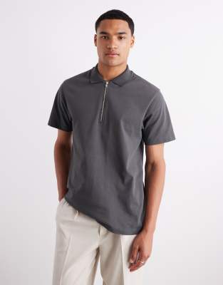 ASOS DESIGN - Polo à manches longues en tissu épais 240 g/m² avec col zippé et détail brodé - Anthracite-Gris