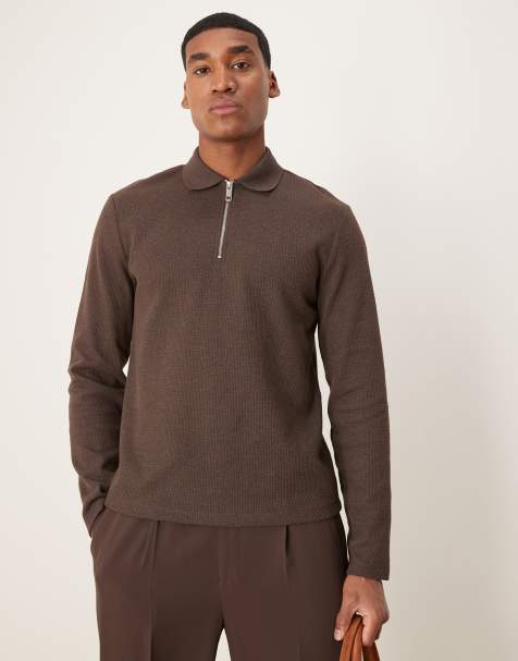 ASOS DESIGN - Polo à manches longues en tissu gaufré - Marron - view 1