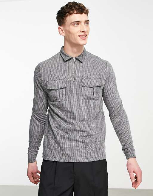 ASOS DESIGN - Polo à manches longues en tissu texturé avec poches - Gris