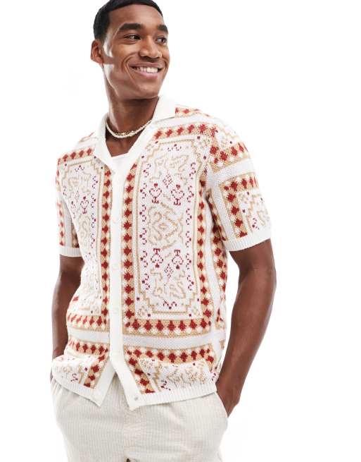 ASOS DESIGN - Polo a maniche corte in maglia color pietra con stampa cachemire e chiusura con bottoni