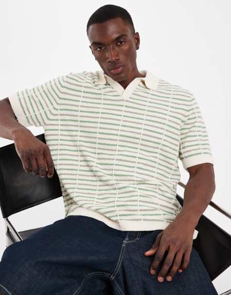 ASOS DESIGN - Polo a maniche corte in maglia testurizzata a righe écru e verde - view 1