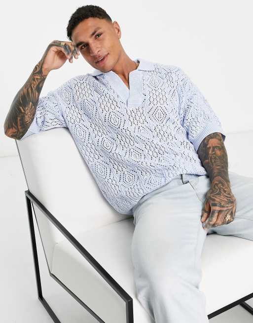 ASOS DESIGN - Polo a maniche corte oversize in maglia traforata con intaglio blu - MBLUE