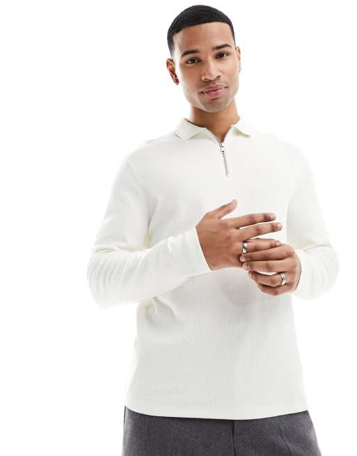 ASOS DESIGN - Polo a maniche lunghe bianco sporco testurizzato a nido d'ape