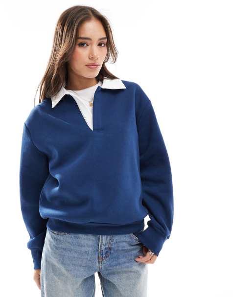 ASOS DESIGN - Polo a maniche lunghe blu navy con colletto a contrasto - view 1