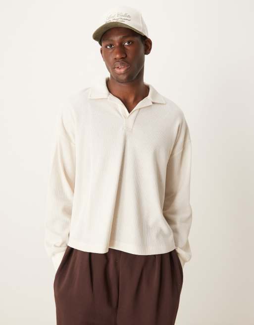ASOS DESIGN - Polo a maniche lunghe color crema oversize squadrata lavorata a nido d'ape