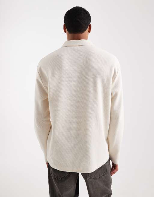 ASOS DESIGN - Polo a maniche lunghe comoda crema lavorata a nido d'ape  , 3 di 5