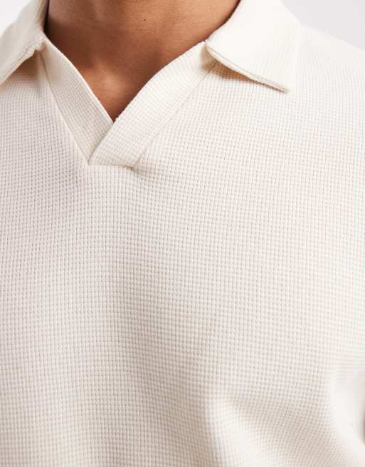 ASOS DESIGN - Polo a maniche lunghe comoda crema lavorata a nido d'ape  , 4 di 5