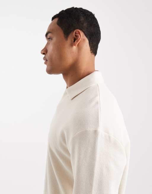 ASOS DESIGN - Polo a maniche lunghe comoda crema lavorata a nido d'ape  , 5 di 5