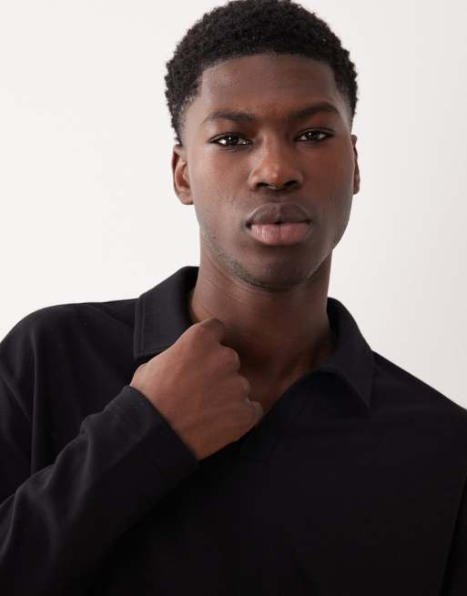 ASOS DESIGN - Polo a maniche lunghe comoda pesante nera con rever morbida al tatto, 5 di 5