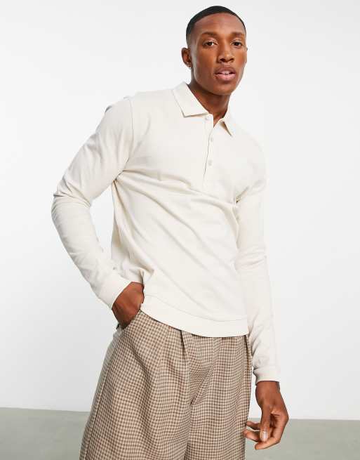 ASOS DESIGN - Polo a maniche lunghe con polsini e fondo a costine color beige