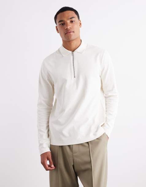 ASOS DESIGN - Polo a maniche lunghe con zip corta pesante da 240gsm con ricamo ecru - view 1