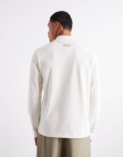 ASOS DESIGN - Polo a maniche lunghe con zip corta pesante da 240gsm con ricamo ecru, 3 di 5
